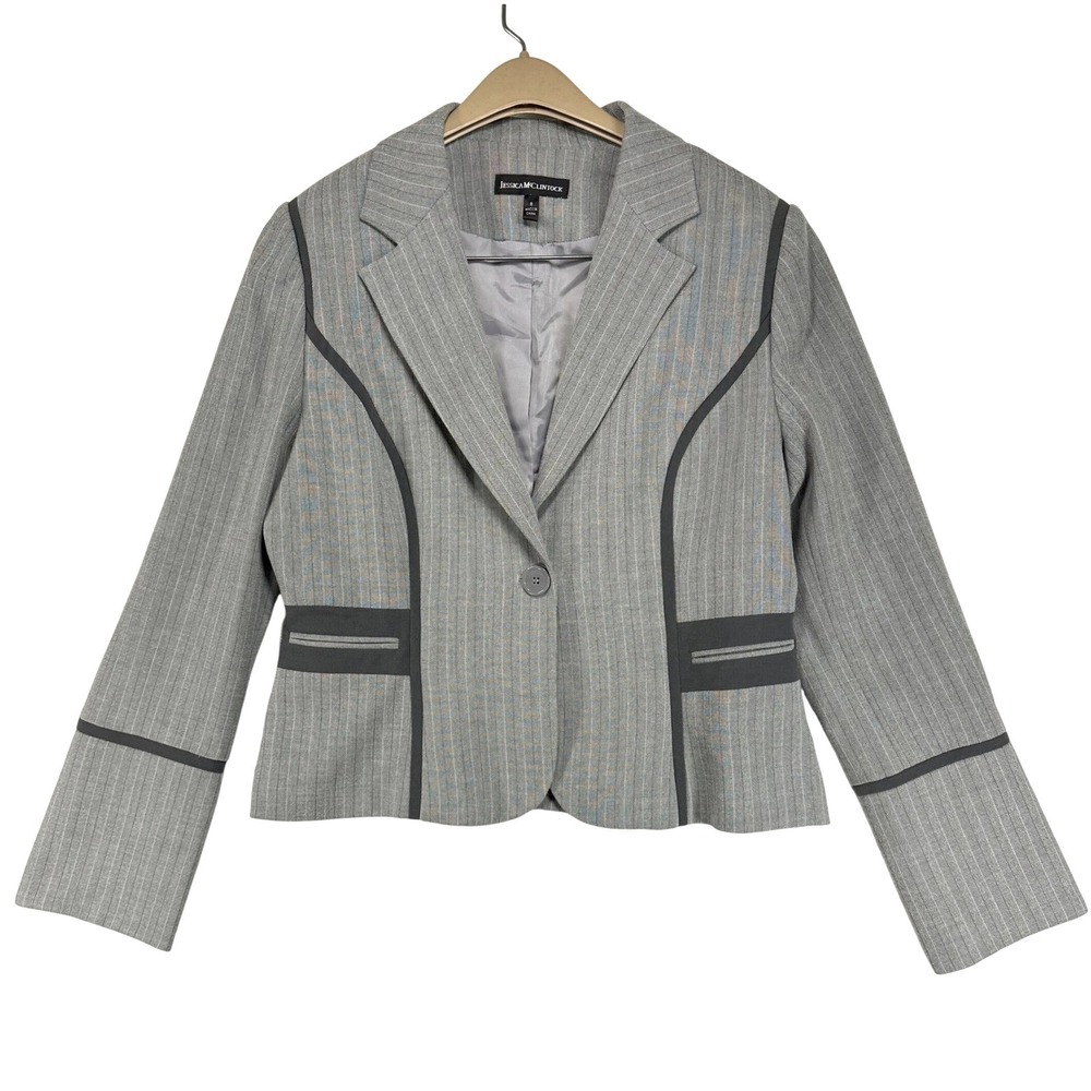 Jessica McClintock 8 Pinstripe Grey Blazer Black Trim Tailored Office Career Y2K